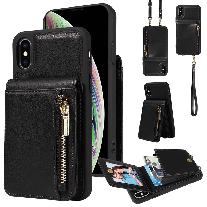Leather Crossbody iPhone Wallet Case with Zipper Pocket & Lanyard Strap