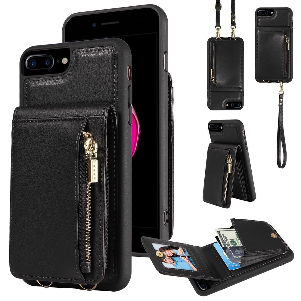 Leather Crossbody iPhone Wallet Case with Zipper Pocket & Lanyard Strap