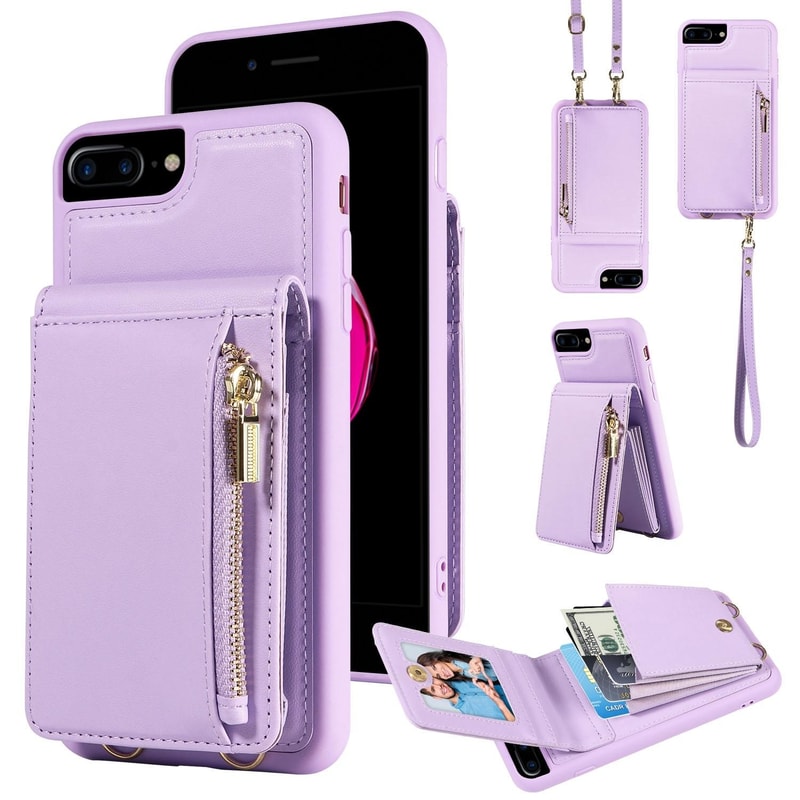 Leather Crossbody iPhone Wallet Case with Zipper Pocket & Lanyard Strap