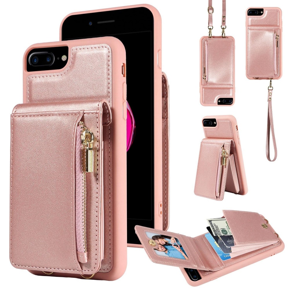 Leather Crossbody iPhone Wallet Case with Zipper Pocket & Lanyard Strap