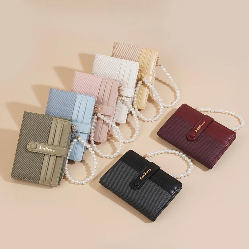 Pearl Chain Women Short Wallet Slim Compact Card Holder With Zipper Coin Pouch 0
