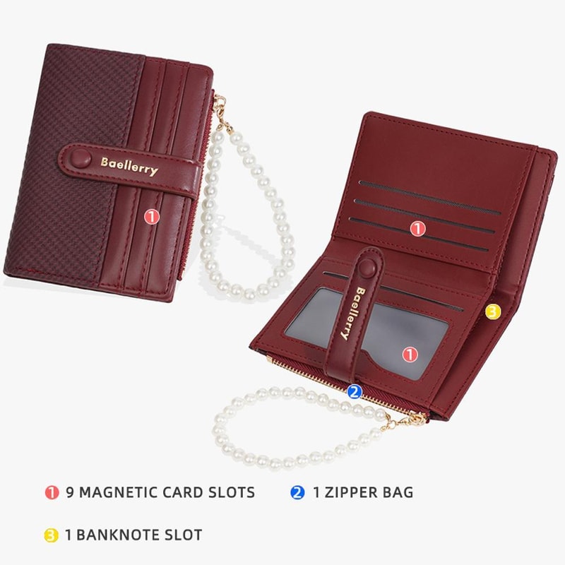 Pearl Chain Women Short Wallet Slim Compact Card Holder With Zipper Coin Pouch 3