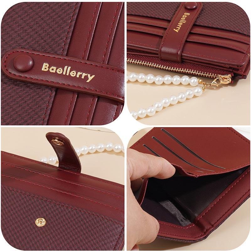 Pearl Chain Women Short Wallet Slim Compact Card Holder With Zipper Coin Pouch 4
