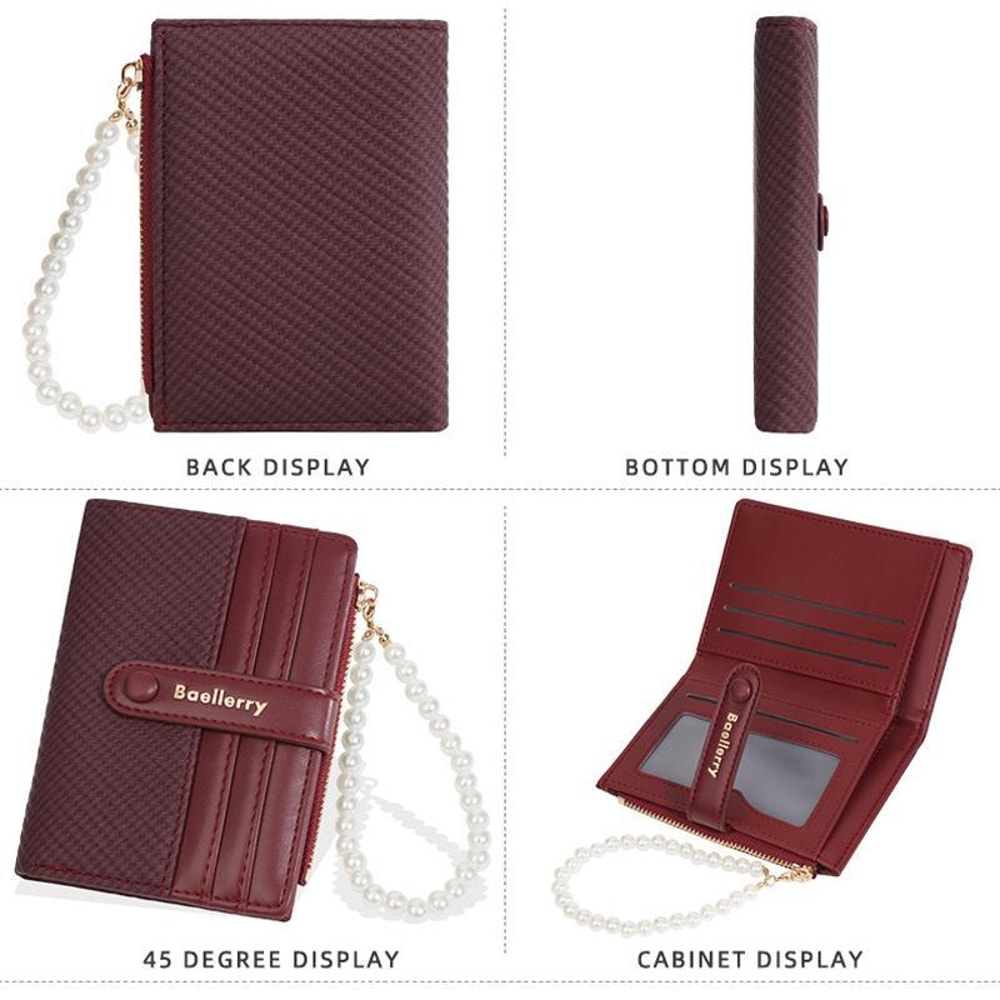 Pearl Chain Women Short Wallet Slim Compact Card Holder With Zipper Coin Pouch 5