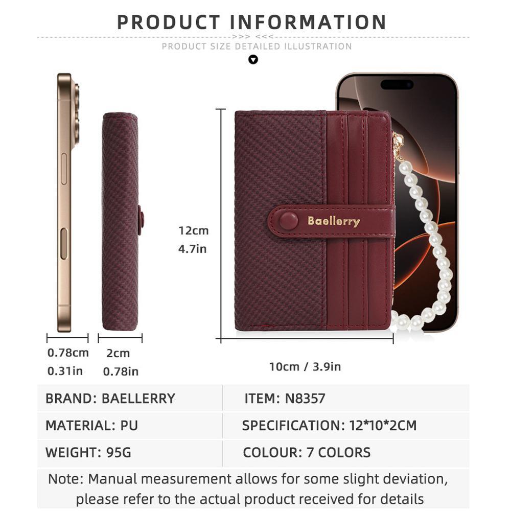 Pearl Chain Women Short Wallet Slim Compact Card Holder With Zipper Coin Pouch 6