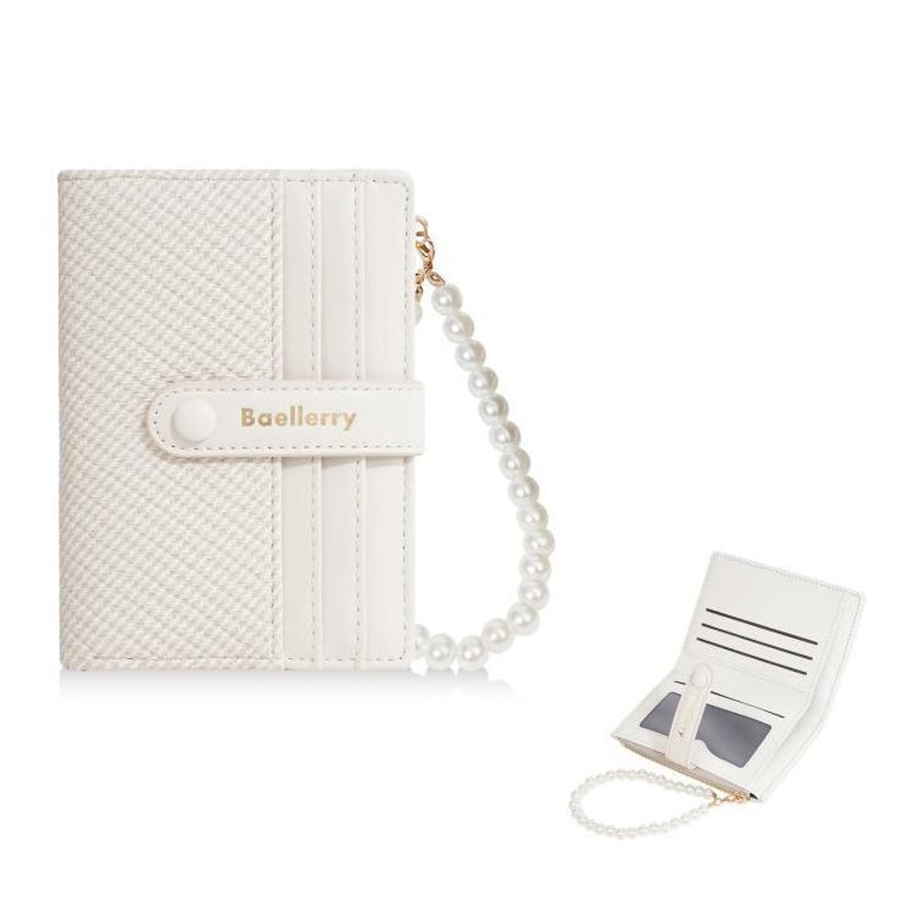 Pearl Chain Women Short Wallet Slim Compact Card Holder With Zipper Coin Pouch 7