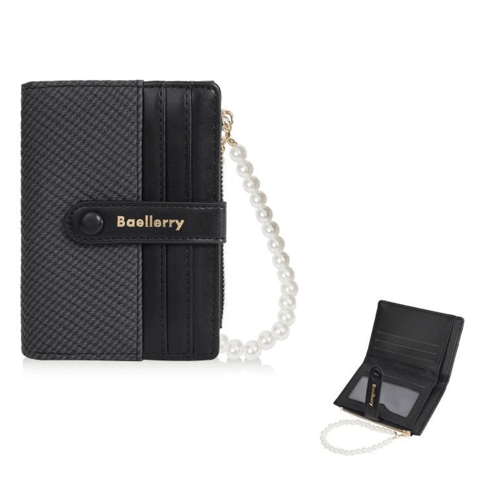 Pearl Chain Women Short Wallet Slim Compact Card Holder With Zipper Coin Pouch 8