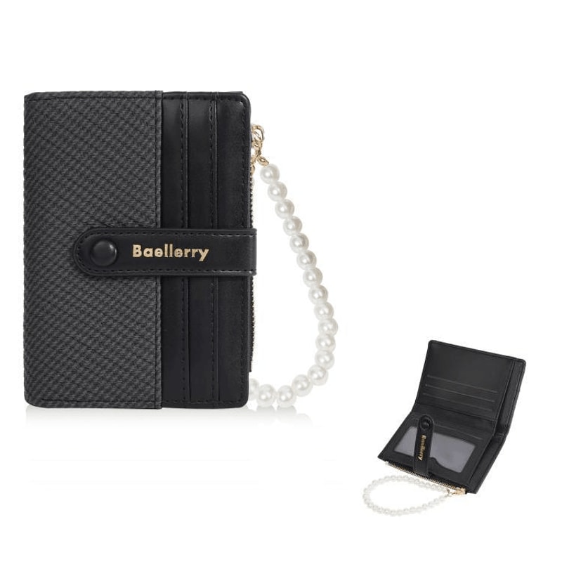 Pearl Chain Women Short Wallet Slim Compact Card Holder With Zipper Coin Pouch 8