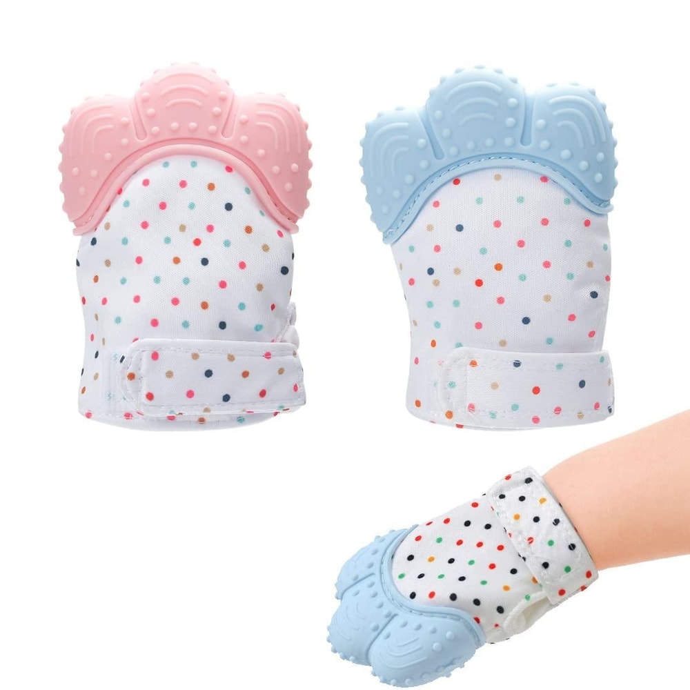 Baby Teething Mitten with Silicone Teether Ring Safe Soothing Toy for Infants