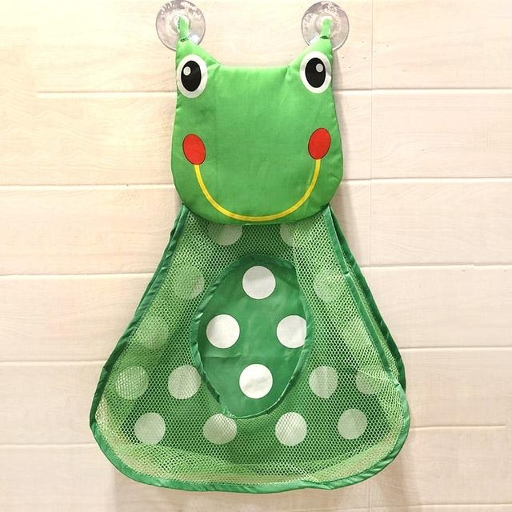 Cartoon Frog Bath Toy Organizer Mesh Bag with Suction Cups for Kids Bathroom Storage