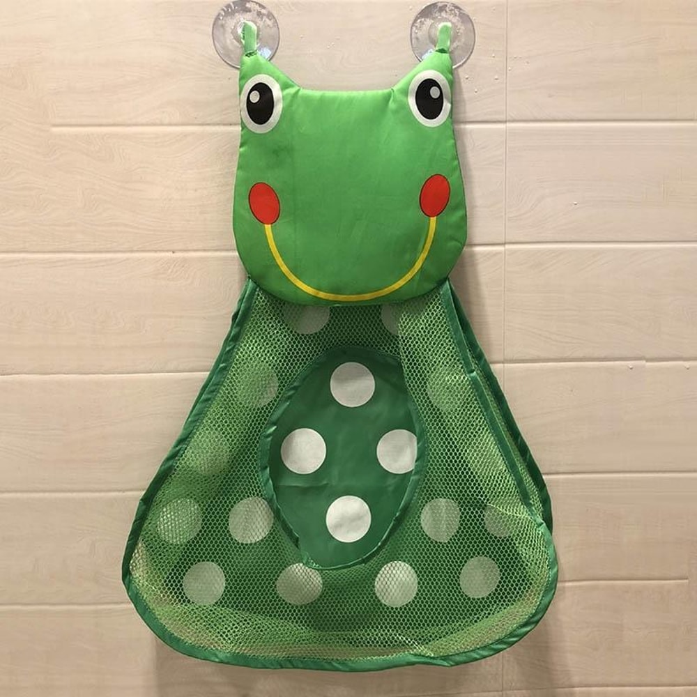 Cartoon Frog Bath Toy Organizer Mesh Bag with Suction Cups for Kids Bathroom Storage
