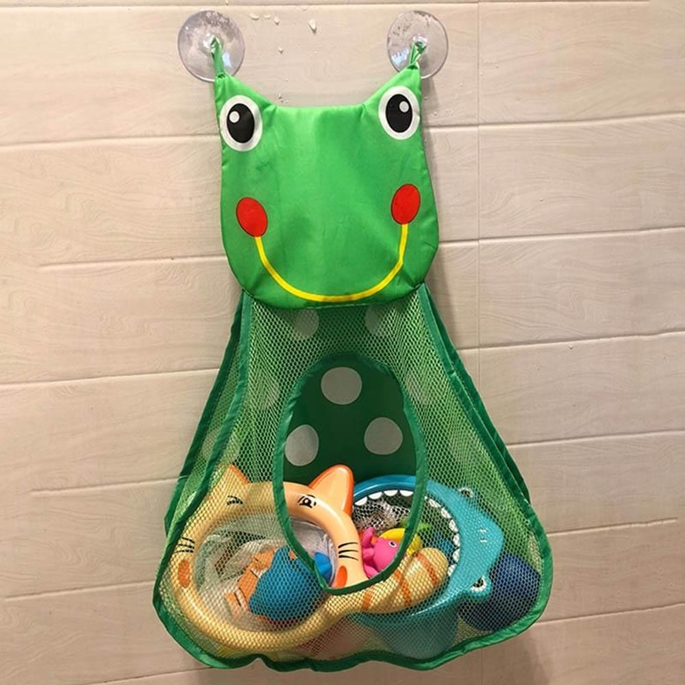 Cartoon Frog Bath Toy Organizer Mesh Bag with Suction Cups for Kids Bathroom Storage