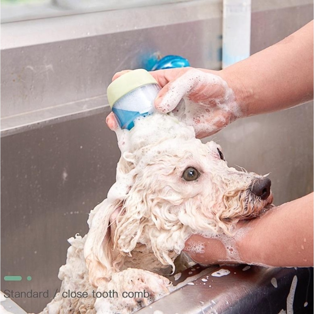 Silicone Pet Bath Brush With Shampoo Dispenser For Dogs Cats Pink 3