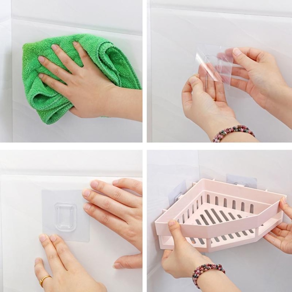 No Drill Adhesive Corner Shower Shelf Triangle Storage Rack For Bathroom Kitchen 3