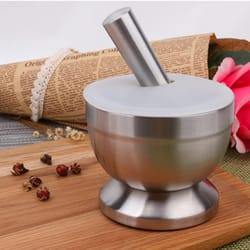 stainless steel mortar and pestle garlic crusher bowl with lid compact kitchen grinder