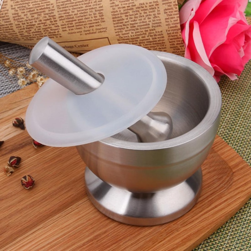 Stainless Steel Mortar and Pestle Garlic Crusher Bowl with Lid Compact Kitchen Grinder