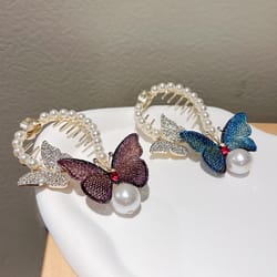 rhinestone butterfly hair clip elegant pearl ponytail clasp for women girls