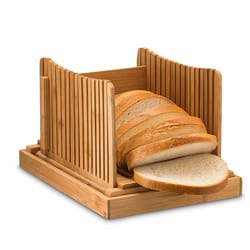 bamboo bread slicer cutting board with crumb tray for even slices
