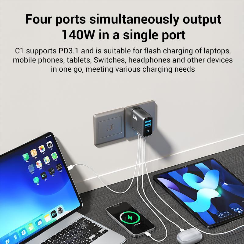 GaN Fast Charger With Smart Display 4 Port USB C Laptop Phone Power Hub 3