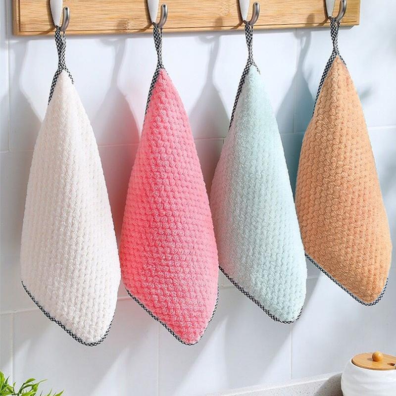 Oil Absorbent Dishcloth Soft Coral Fleece Kitchen Towel with Hang Loop