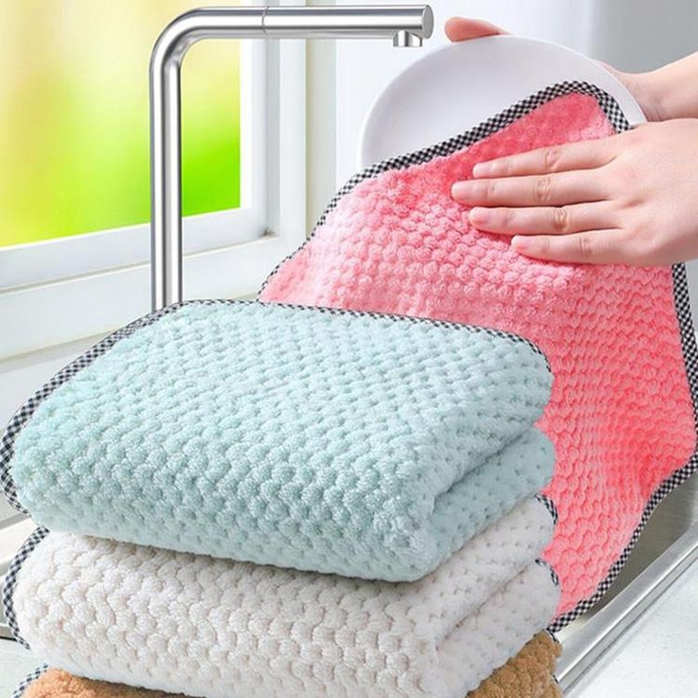 Oil Absorbent Dishcloth Soft Coral Fleece Kitchen Towel with Hang Loop