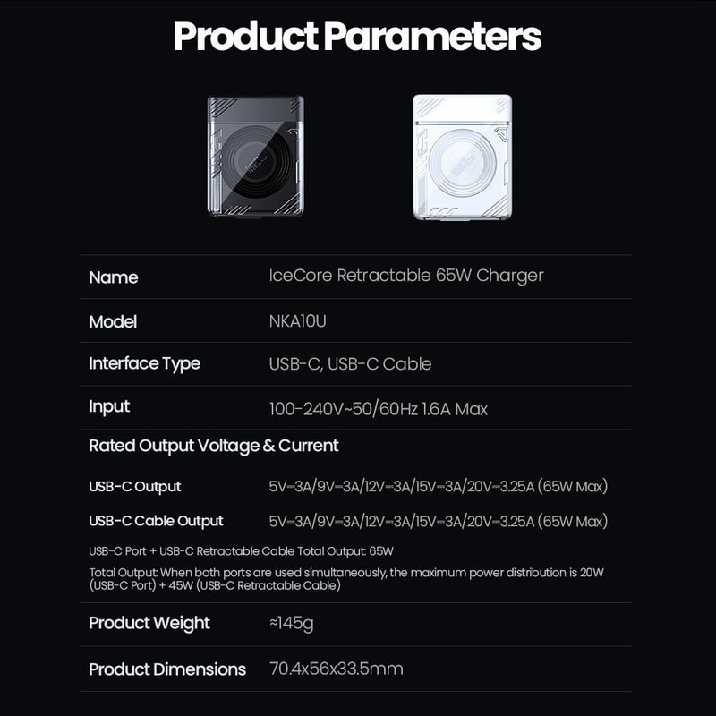 IceCore 65W GaN Fast Charger With Retractable USB C Cable Dual Port Power Adapter 10