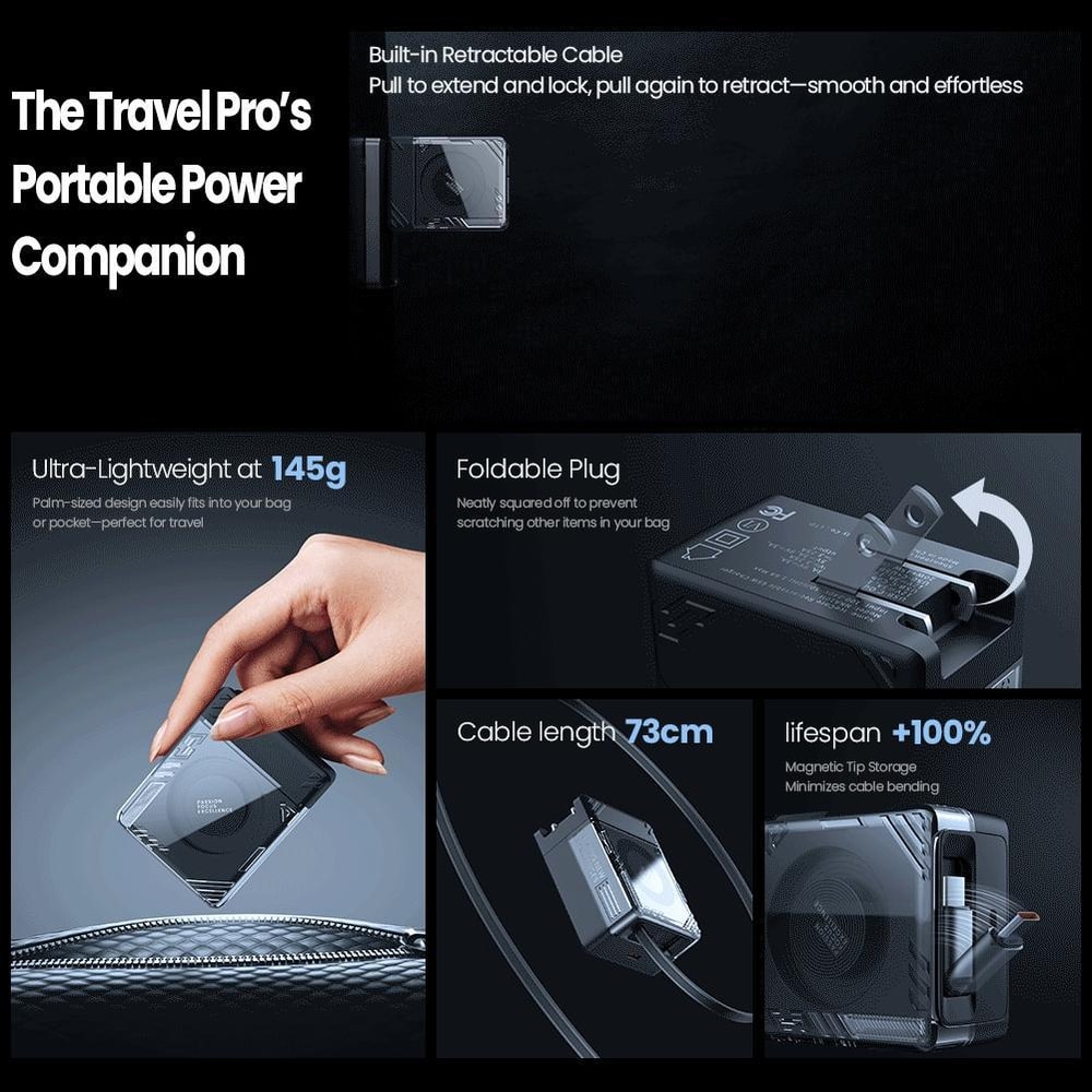 IceCore 65W GaN Fast Charger With Retractable USB C Cable Dual Port Power Adapter 13