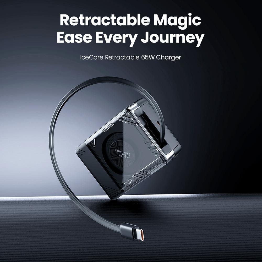 IceCore 65W GaN Fast Charger With Retractable USB C Cable Dual Port Power Adapter 5