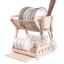 multi-level dish drying rack kitchen storage organizer with drain tray & hooks