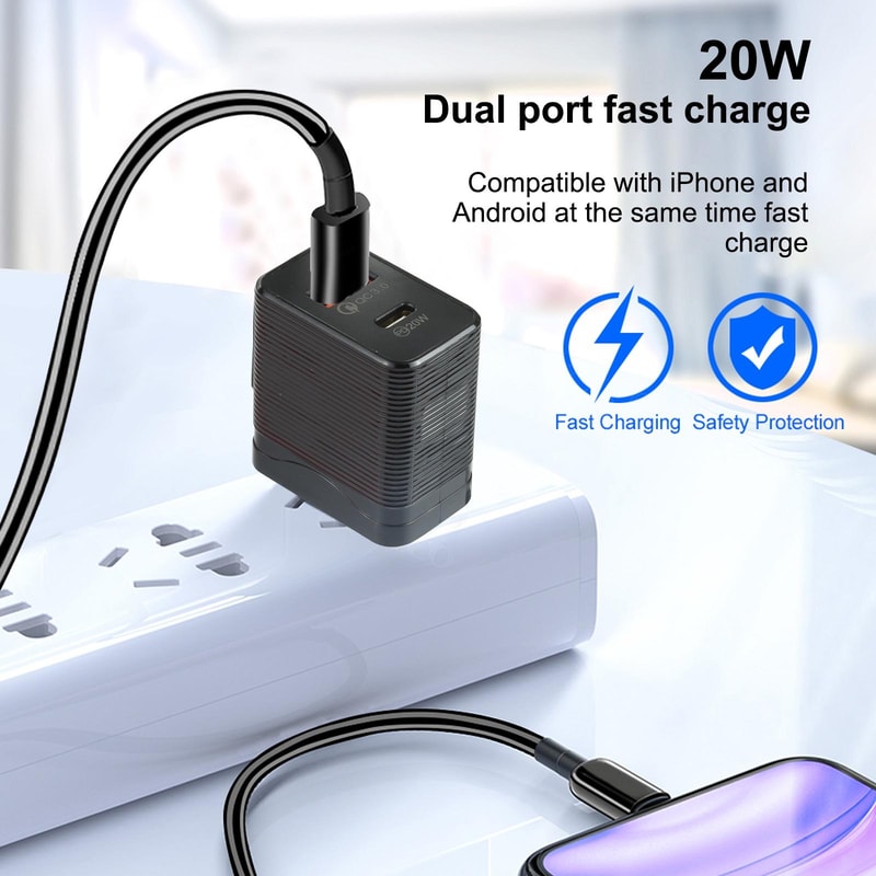 Dual Port Fast USB C Charger 20W PD QC Compact Travel Wall Adapter 8
