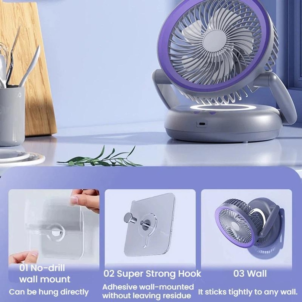 Foldable Portable Air Circulator Fan With LED Light Battery Indicator For Desk Or Wall Use 2