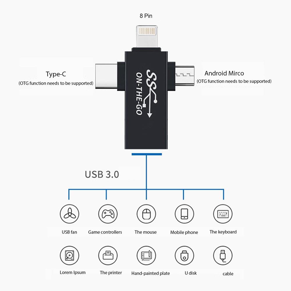 3 In 1 USB OTG Adapter Cable For Lightning Micro USB And USB C Devices 2