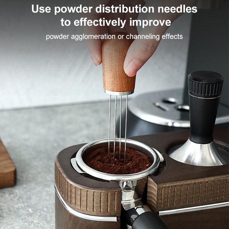 Espresso Distribution Needle Tool with Wooden Stand, Precision Coffee Stirrer for Perfect Crema