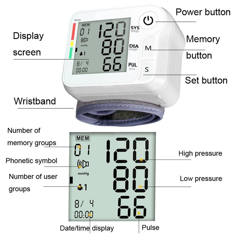 Digital Wrist Blood Pressure Monitor with LCD Display Portable Home BP Machine