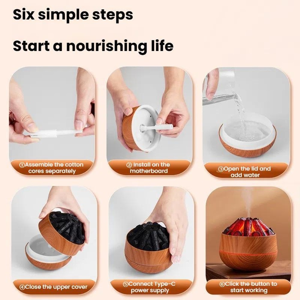 Charcoal Flame Humidifier Night Light USB Wood Grain Diffuser 6