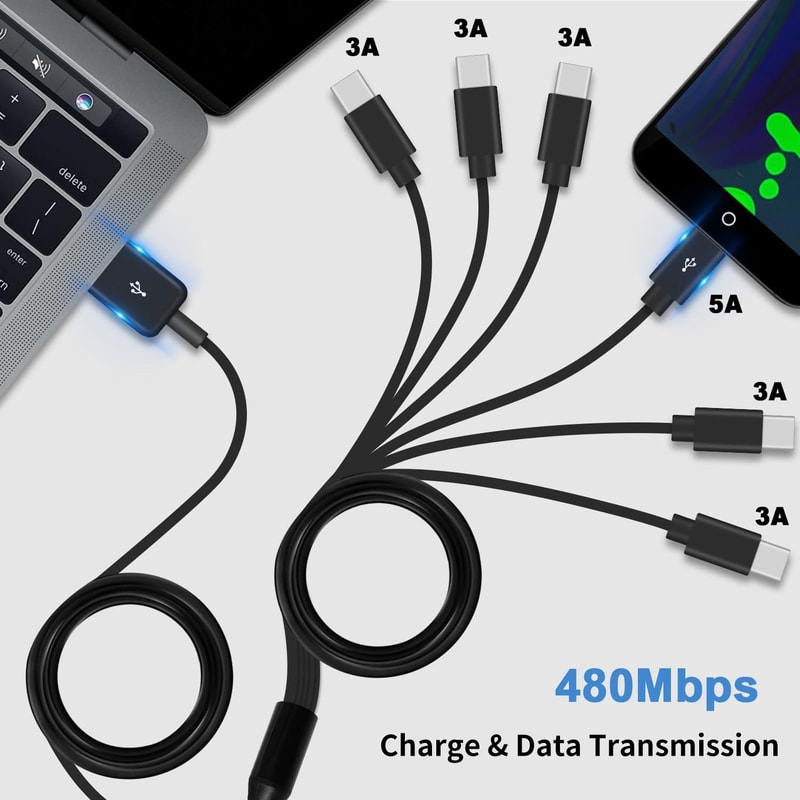 6 In 1 USB C Splitter Cable Fast Charging Hub With Data Sync 2