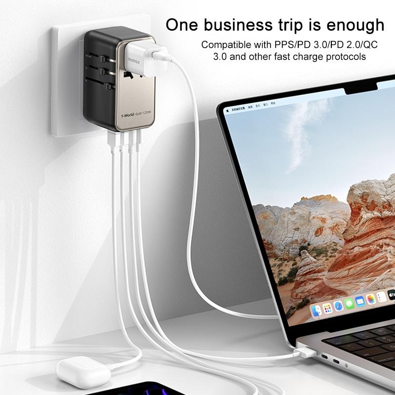 120W GaN travel adapter with global plug and multi USB fast charging