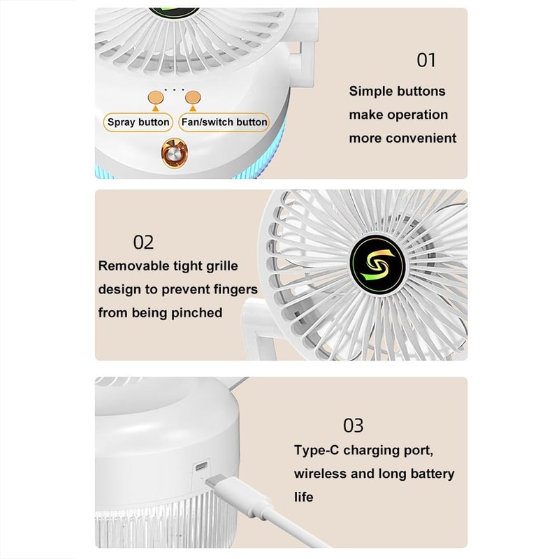Foldable USB Desktop Humidifier Fan With Night Light 3Speed Cooling 8