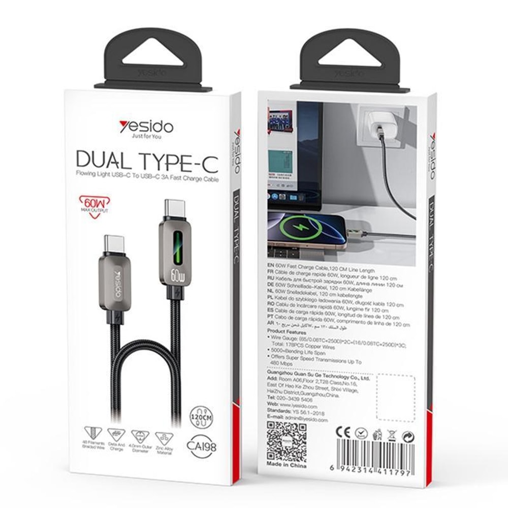 High Speed 60W USB C Cable with LED Streamer Light Fast Charging Data Sync