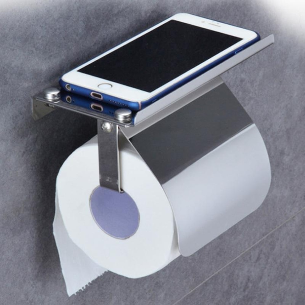 Stainless Steel Toilet Paper Holder With Phone Shelf Wall Mounted 3
