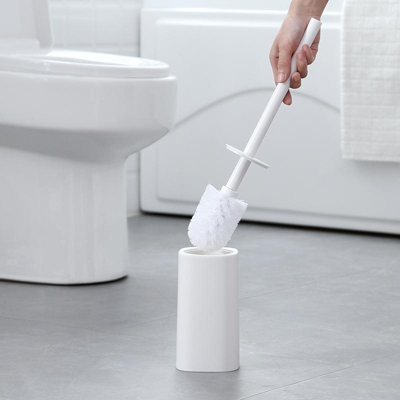 Long Handle Soft Bristle Toilet Brush with Holder Base Bathroom Cleaning Set White