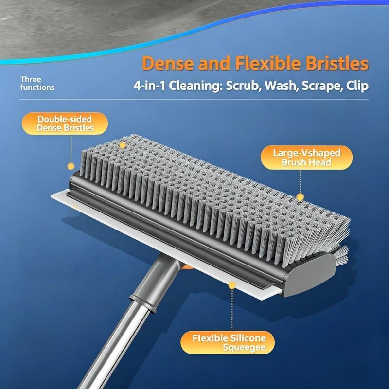 Swivel Floor Scrub Brush with Long Handle, V Shaped Grout Brush & Squeegee for Deep Cleaning