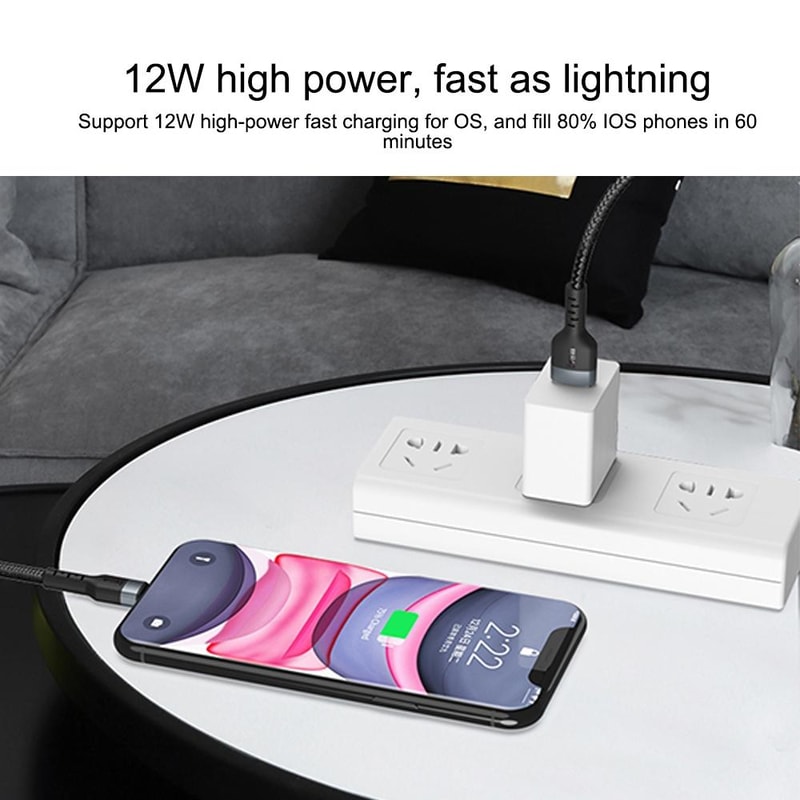 Nylon Braided USB To Lightning Cable 12W Fast Charging Durable Charger 3