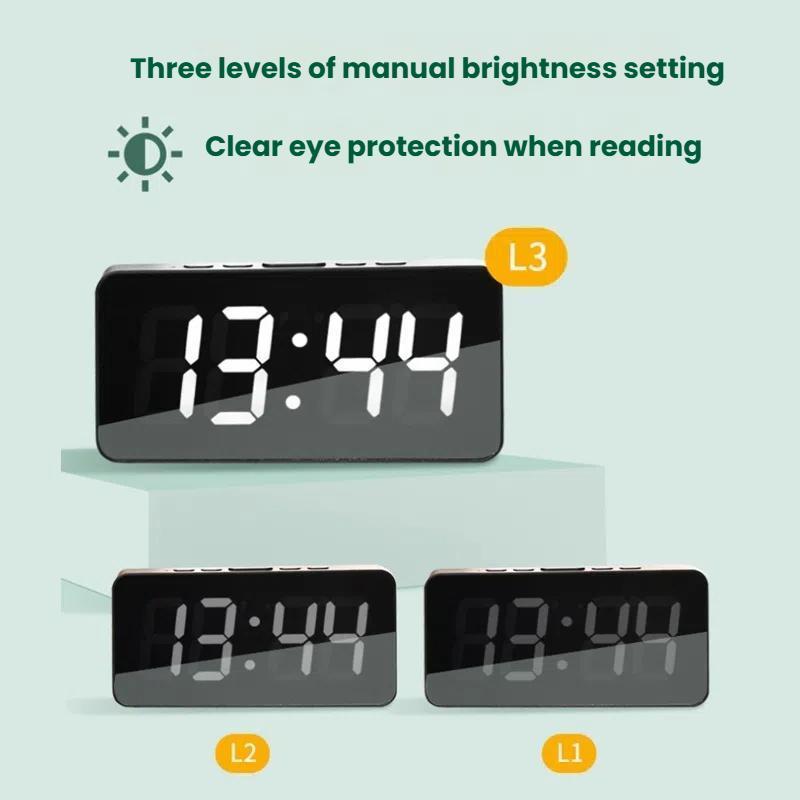 LED Mirror Alarm Clock With USBC Charging Battery Backup Digital Desk Clock 5