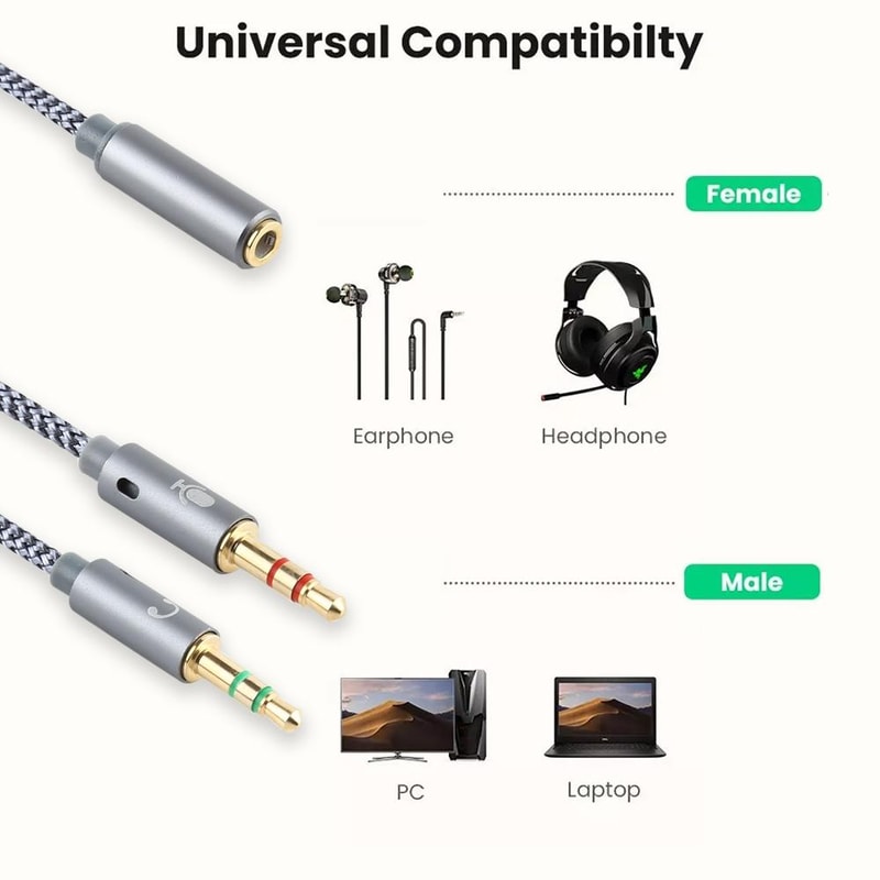 2 In 1 Audio Splitter Headphone Mic Adapter Braided AUX Cable 4