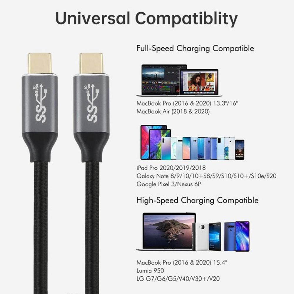High Speed USB C To USB C Cable 10Gbps Fast Charging Durable Braided Type C Cord 10