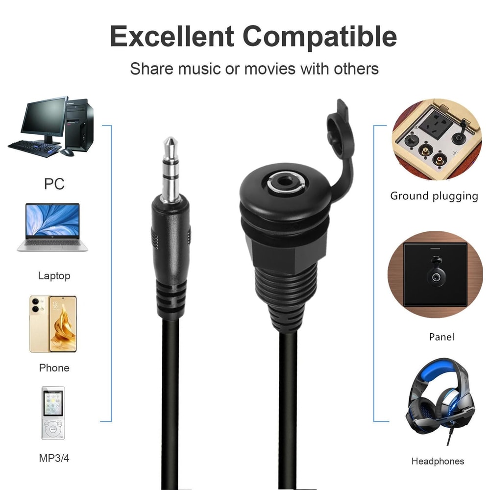 35mm Panel Mount Audio Cable With Threaded Jack Waterproof Audio Extension Cable For Car Marine Ste 3