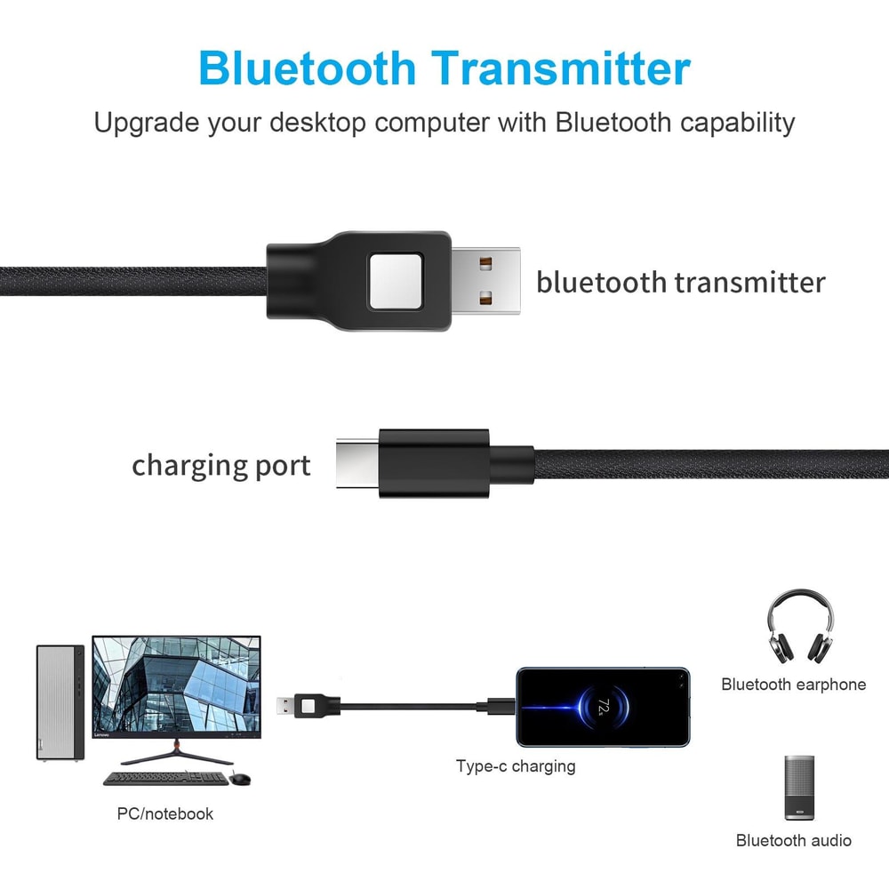 Bluetooth Transmitter USB C Cable 1.2m Fast Charging Data Sync Adapter