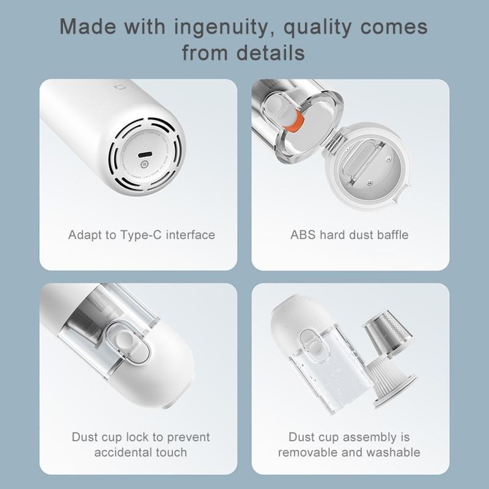 Xiaomi Mijia Portable Handheld Car Vacuum Cleaner Cordless HEPA Type-C Rechargeable Dust Cleaner