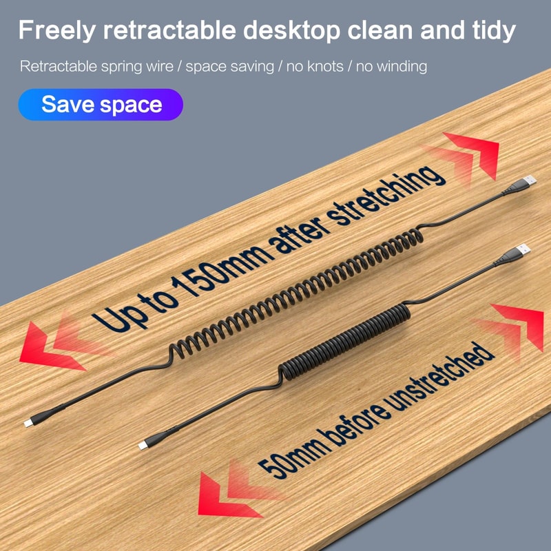 3A Fast Charging USB C Spring Cable Compact Retractable Type C Data Cable 2